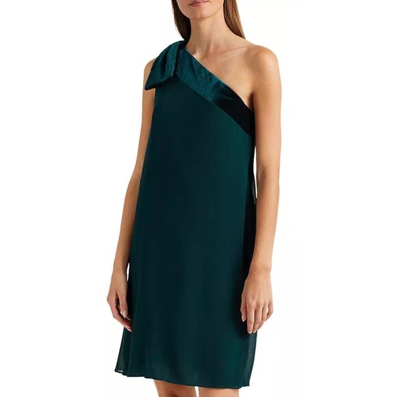 Ralph Lauren Women's Green Chiffon & Velvet One Shoulder Cocktail Dress Size 8 - Picture 1 of 8